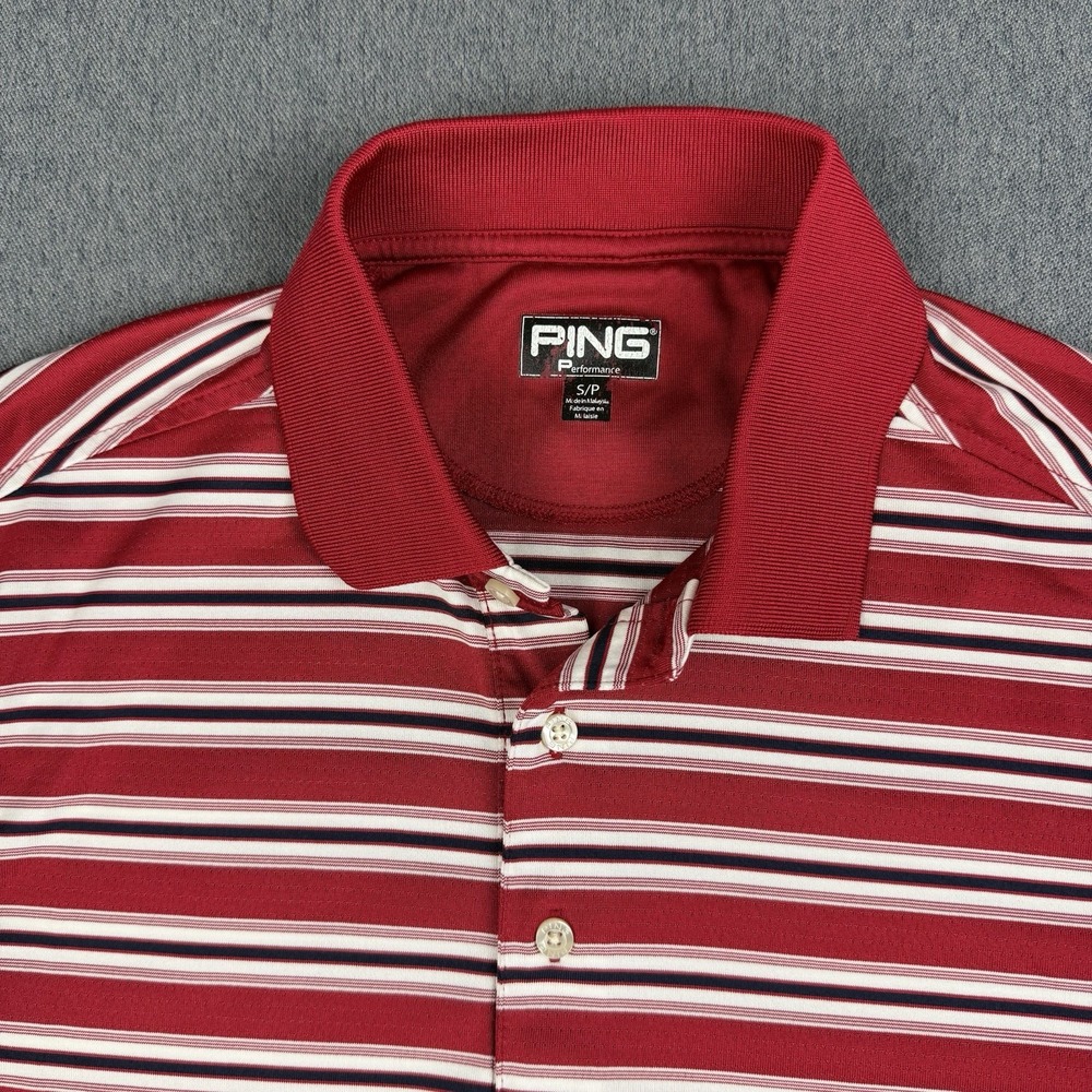 PING Performance Polo Mens Small Red Stripe Golf Moisture Wicking Stretch Waldo